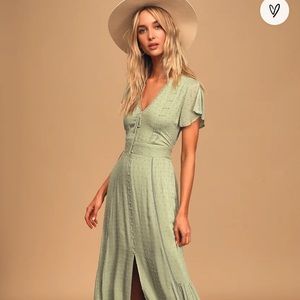 Lulus Completely In Love Sage Green Swiss Dot Button-Front Maxi Dress